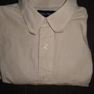 Nautical Men’s Button Down Dress Shirt Sz L 16.5-32/33 Tan & Ivory White